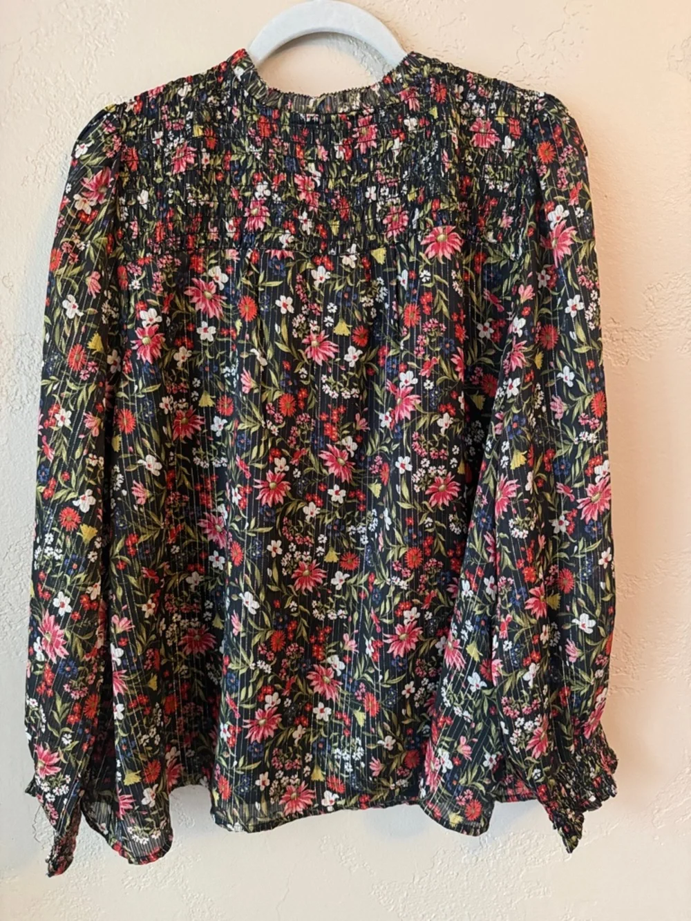 Old‎ Navy Black Floral Smocked-Neck Blouse with Pink and Red Flowers